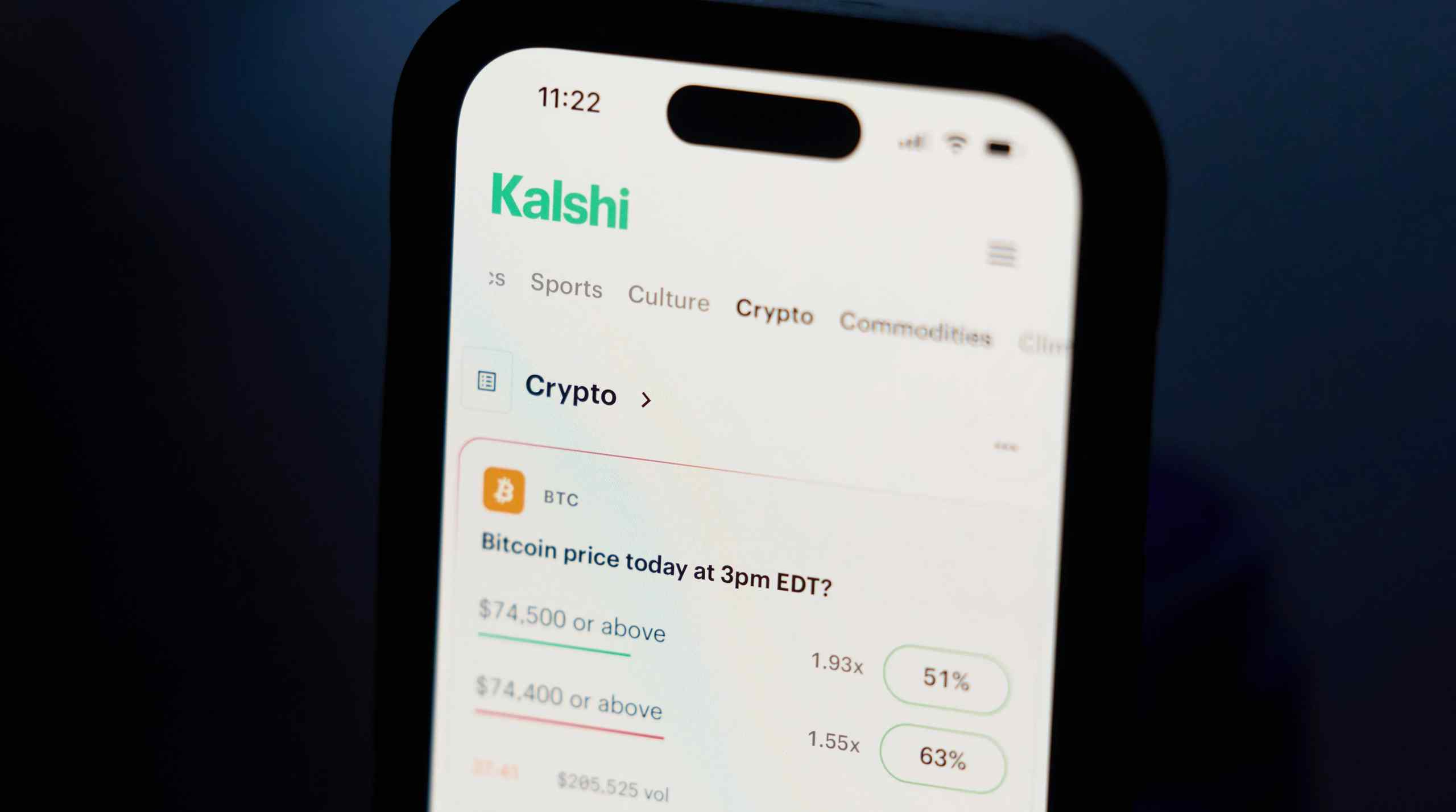 A look at the Kalshi dashboard featuring the price of Bitcoin.\